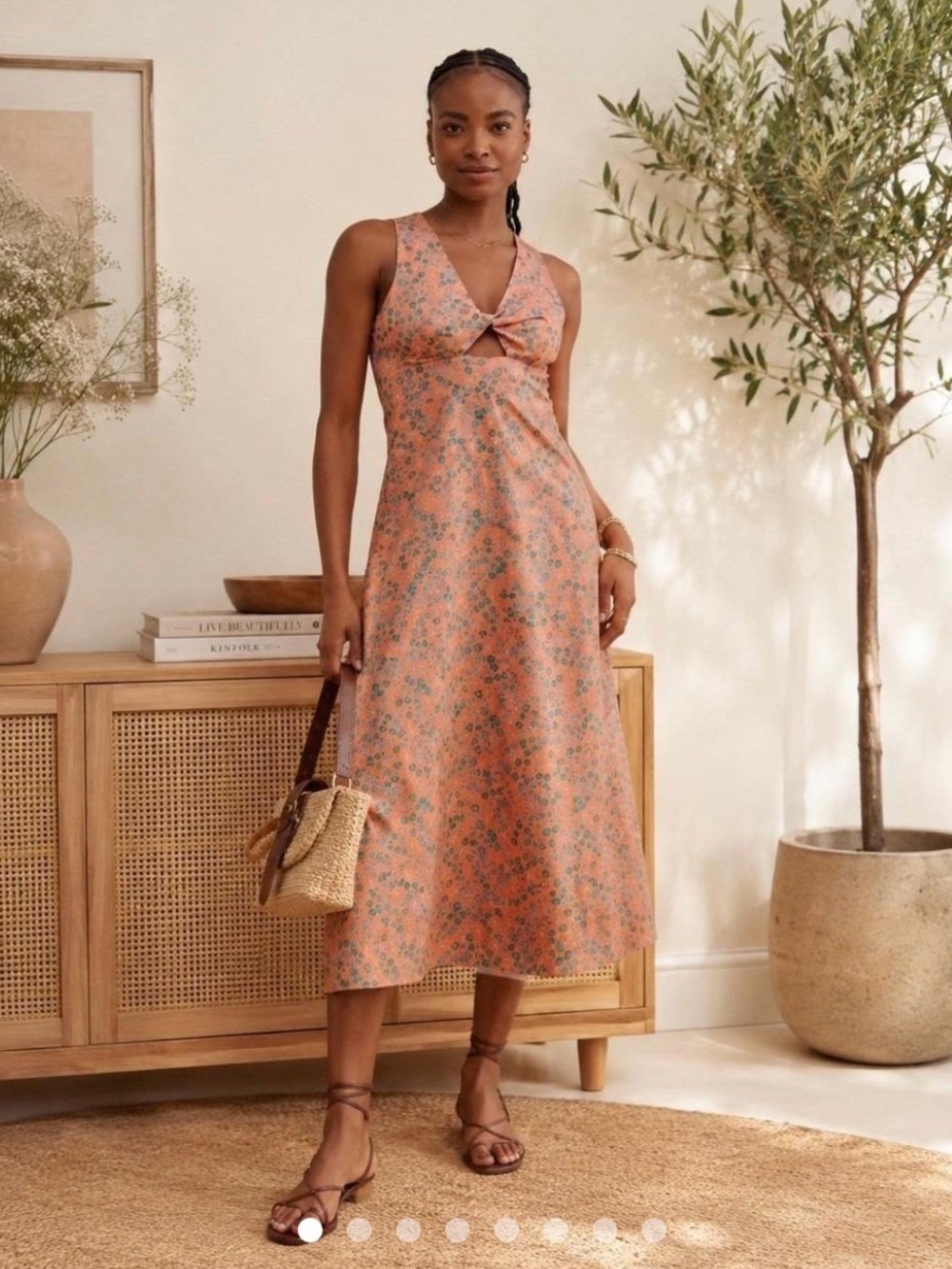 Madewell Stephanie Twist-Front Floral Midi Dress Orange Cotton Womens Size 14